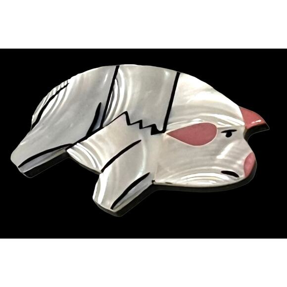 VTG Mother Of Pearl Shell PIG BROOCH 2.5” Pin White Piglet Pink Ears Nose Cheek - Picture 5 of 5